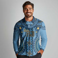 Bula Fiji Vintage Long Sleeve Polo Shirt Prussian Blue Masi Motifs LT7 - Polynesian Pride
