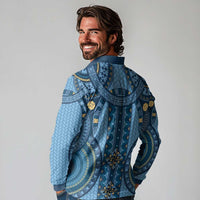 Bula Fiji Vintage Long Sleeve Polo Shirt Prussian Blue Masi Motifs LT7 - Polynesian Pride