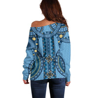 Bula Fiji Vintage Off Shoulder Sweater Prussian Blue Masi Motifs