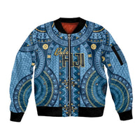Bula Fiji Vintage Sleeve Zip Bomber Jacket Prussian Blue Masi Motifs LT7 Unisex Prussian Blue - Polynesian Pride
