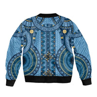Bula Fiji Vintage Sleeve Zip Bomber Jacket Prussian Blue Masi Motifs LT7 - Polynesian Pride
