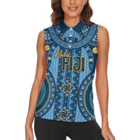 Bula Fiji Vintage Women Sleeveless Polo Shirt Prussian Blue Masi Motifs