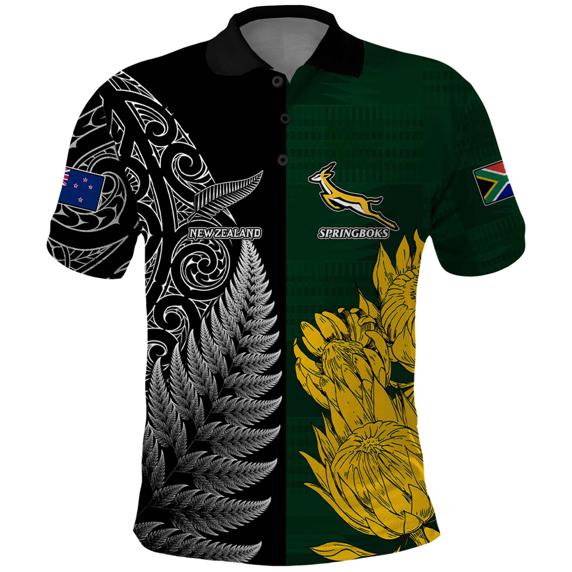 Custom New Zealand Mix South Africa Rugby Polo Shirt Protea Vs. Silver Ferns LT7 Art - Polynesian Pride