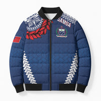 Manu Samoa Rugby Custom Navy Blue Bomber Puffer Jacket ʻIe Toga Pattern With Red Ula fala