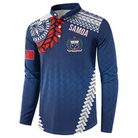 Manu Samoa Rugby Custom Navy Blue Button Sweatshirt ʻIe Toga Pattern With Red Ula fala
