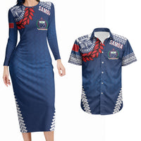 Manu Samoa Rugby Custom Navy Blue Couples Matching Long Sleeve Bodycon Dress and Hawaiian Shirt ʻIe Toga Pattern With Red Ula fala
