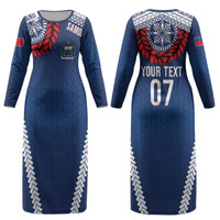 Manu Samoa Rugby Custom Navy Blue Couples Matching Long Sleeve Bodycon Dress and Hawaiian Shirt ʻIe Toga Pattern With Red Ula fala