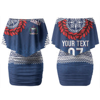 Manu Samoa Rugby Custom Navy Blue Couples Matching Off Shoulder Short Dress and Hawaiian Shirt ʻIe Toga Pattern With Red Ula fala