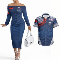 Manu Samoa Rugby Custom Navy Blue Couples Matching Off The Shoulder Long Sleeve Dress and Hawaiian Shirt ʻIe Toga Pattern With Red Ula fala