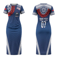 Manu Samoa Rugby Custom Navy Blue Couples Matching Short Sleeve Bodycon Dress and Hawaiian Shirt ʻIe Toga Pattern With Red Ula fala