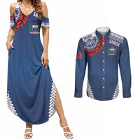 Manu Samoa Rugby Custom Navy Blue Couples Matching Summer Maxi Dress and Long Sleeve Button Shirt ʻIe Toga Pattern With Red Ula fala