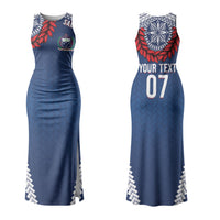 Manu Samoa Rugby Custom Navy Blue Couples Matching Tank Maxi Dress and Hawaiian Shirt ʻIe Toga Pattern With Red Ula fala