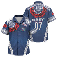Manu Samoa Rugby Custom Navy Blue Family Matching Long Sleeve Bodycon Dress and Hawaiian Shirt ʻIe Toga Pattern With Red Ula fala