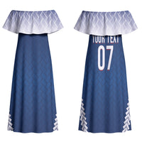 Manu Samoa Rugby Custom Navy Blue Family Matching Off Shoulder Maxi Dress and Hawaiian Shirt ʻIe Toga Pattern With Red Ula fala