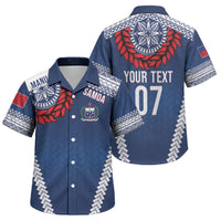 Manu Samoa Rugby Custom Navy Blue Family Matching Off Shoulder Short Dress and Hawaiian Shirt ʻIe Toga Pattern With Red Ula fala