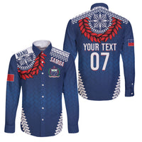 Manu Samoa Rugby Custom Navy Blue Family Matching Summer Maxi Dress and Hawaiian Shirt ʻIe Toga Pattern With Red Ula fala