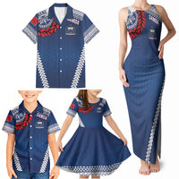 Manu Samoa Rugby Custom Navy Blue Family Matching Tank Maxi Dress and Hawaiian Shirt ʻIe Toga Pattern With Red Ula fala