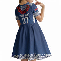 Manu Samoa Rugby Custom Navy Blue Kid Short Sleeve Dress ʻIe Toga Pattern With Red Ula fala