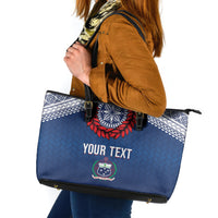 Manu Samoa Rugby Custom Navy Blue Leather Tote Bag ʻIe Toga Pattern With Red Ula fala
