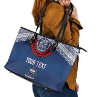 Manu Samoa Rugby Custom Navy Blue Leather Tote Bag ʻIe Toga Pattern With Red Ula fala