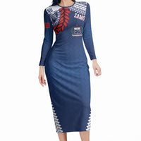 Manu Samoa Rugby Custom Navy Blue Long Sleeve Bodycon Dress ʻIe Toga Pattern With Red Ula fala