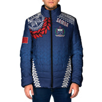 Manu Samoa Rugby Custom Navy Blue Padded Jacket ʻIe Toga Pattern With Red Ula fala