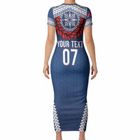 Manu Samoa Rugby Custom Navy Blue Short Sleeve Bodycon Dress ʻIe Toga Pattern With Red Ula fala