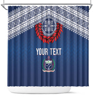 Manu Samoa Rugby Custom Navy Blue Shower Curtain ʻIe Toga Pattern With Red Ula fala