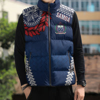 Manu Samoa Rugby Custom Navy Blue Sleeveless Puffer Jacket ʻIe Toga Pattern With Red Ula fala