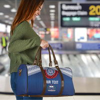 Manu Samoa Rugby Custom Navy Blue Travel Bag ʻIe Toga Pattern With Red Ula fala