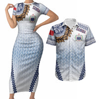 Manu Samoa Rugby Custom White Couples Matching Short Sleeve Bodycon Dress and Hawaiian Shirt ʻIe Toga Pattern With Brown Ula fala