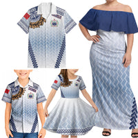 Manu Samoa Rugby Custom White Family Matching Off Shoulder Maxi Dress and Hawaiian Shirt ʻIe Toga Pattern With Brown Ula fala