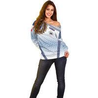 Manu Samoa Rugby Custom White Off Shoulder Sweater ʻIe Toga Pattern With Brown Ula fala