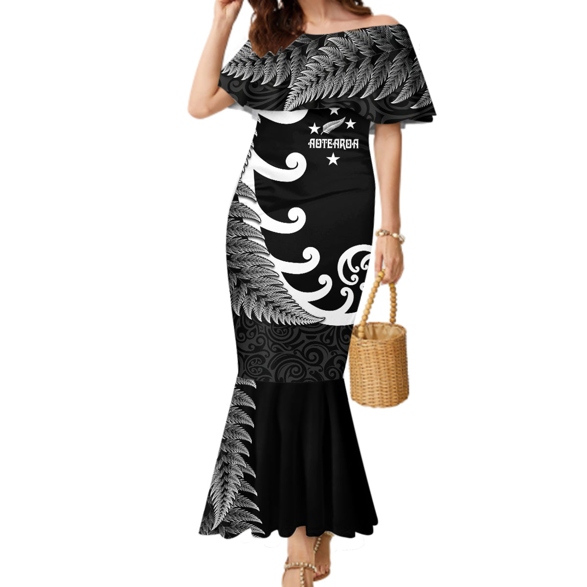 Personalised New Zealand Rugby Mermaid Dress Aotearoa Silver Fern Koru Maori Style LT7 Women Black - Polynesian Pride