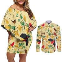 Aloha Hawaii Couples Matching Off Shoulder Short Dress and Long Sleeve Button Shirt I'iwi on Mamane Pastel Cream