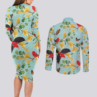 Aloha Hawaii Couples Matching Long Sleeve Bodycon Dress and Long Sleeve Button Shirt I'iwi on Mamane Pastel Turquoise LT7 - Polynesian Pride