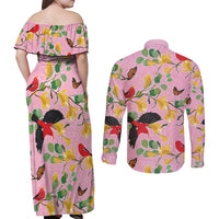 Aloha Hawaii Couples Matching Off Shoulder Maxi Dress and Long Sleeve Button Shirt I'iwi on Mamane Pastel Pink