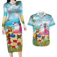 Have Yourself A Beachy Little Christmas Couples Matching Long Sleeve Bodycon Dress and Hawaiian Shirt with Santa Chilling - Polynesian Pride
