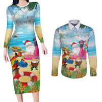 Have Yourself A Beachy Little Christmas Couples Matching Long Sleeve Bodycon Dress and Long Sleeve Button Shirt with Santa Chilling - Polynesian Pride