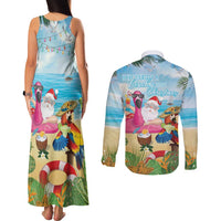 Have Yourself A Beachy Little Christmas Couples Matching Tank Maxi Dress and Long Sleeve Button Shirt with Santa Chilling - Polynesian Pride