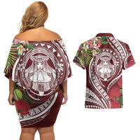 Aloha Hawaii Big Island Couples Matching Off Shoulder Short Dress and Hawaiian Shirt Ohia Lehua Wahine