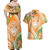 Aloha Hawaii Lanai Couples Matching Off Shoulder Maxi Dress and Hawaiian Shirt Frangipani Mix Pineapple