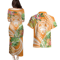 Aloha Hawaii Lanai Couples Matching Puletasi and Hawaiian Shirt Frangipani Mix Pineapple