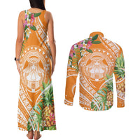 Aloha Hawaii Lanai Couples Matching Tank Maxi Dress and Long Sleeve Button Shirt Frangipani Mix Pineapple