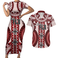 Bula Fiji Vintage Couples Matching Short Sleeve Bodycon Dress and Hawaiian Shirt Scarlet Masi Motifs