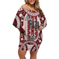 Bula Fiji Vintage Off Shoulder Short Dress Scarlet Masi Motifs