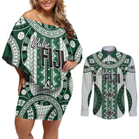Bula Fiji Vintage Couples Matching Off Shoulder Short Dress and Long Sleeve Button Shirt Phthalo Green Masi Motifs