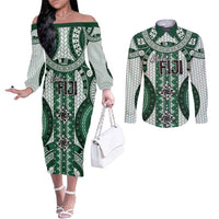 Bula Fiji Vintage Couples Matching Off The Shoulder Long Sleeve Dress and Long Sleeve Button Shirt Phthalo Green Masi Motifs