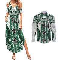 Bula Fiji Vintage Couples Matching Summer Maxi Dress and Long Sleeve Button Shirt Phthalo Green Masi Motifs