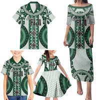 Bula Fiji Vintage Family Matching Puletasi and Hawaiian Shirt Phthalo Green Masi Motifs
